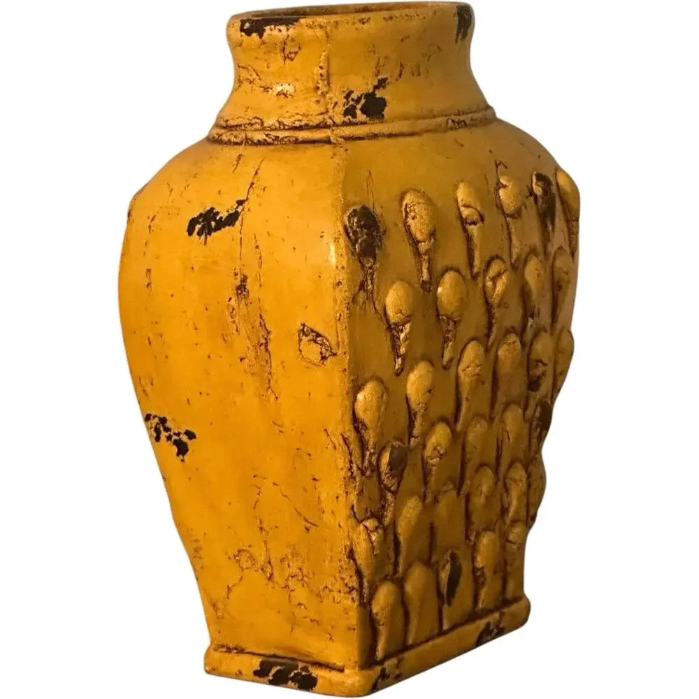 Mid Century Italian Yellow-Gold Distressed Ceramic Pottery 14” Tall Vase Rustic
